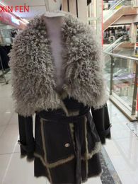 Manteau en peau de mouton pour femmes, en cuir, fourrure d'hiver, fourrure de lapin, col doublé, luxueux, Style Long, 240105