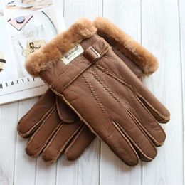 Gants de fourrure en peau de mouton hommes épais hiver chaud grande taille extérieur coupe-vent couture à la main froide gants de doigt en cuir cousus 21122461