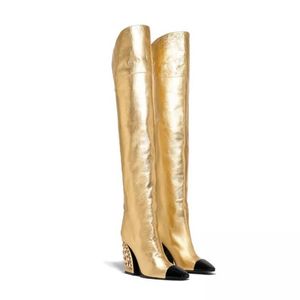 Livraison gratuite en cuir de mouton diamant carré talons hauts CHAUSSURES en métal pillage orteils Gladiator Moto longues bottes au genou taille 34-44 Or