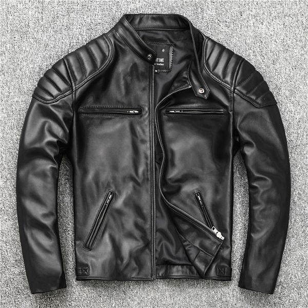 Chaqueta de cuero de piel de oveja chaquetas de moto para hombre cuello alto hombre delgado ropa con cremallera tamaño grande s-xxxxl tops negros prendas de vestir exteriores clásicas rompevientos