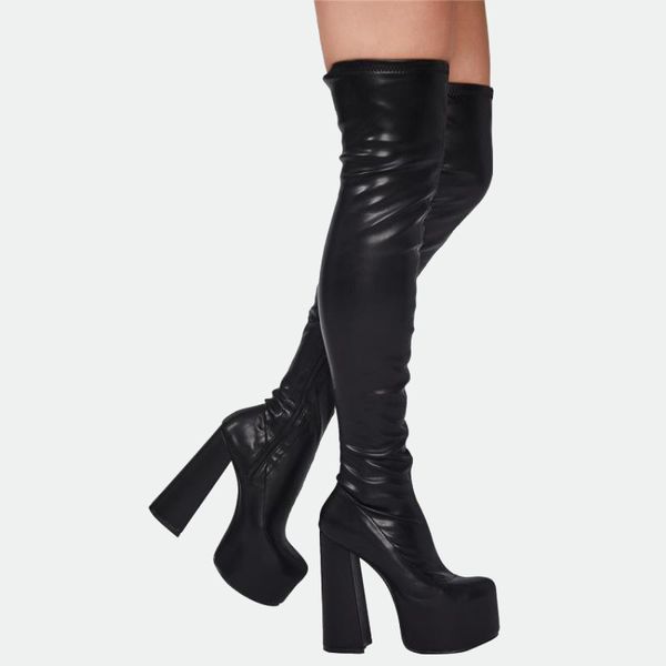 Mouton en cuir en cuir Lady Knight 2021 Boots Square 14,5 cm Chunky Med Heels Solid Zipper Plateforme de cuisse de cuisse de cuisses