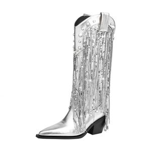 Cuero de piel de oveja puntiaguda 2024 píldoras de estilo botines de tobillo de la borda de tasel de moda zapatos de vestimenta de fiesta casual 7cm tacones gruesos diamantes circonito diamantes de imitación 50455