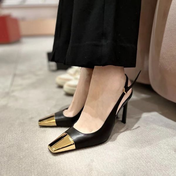 Piel de oveja Slingback Punta puntiaguda Zapatos de vestir Sandalias Punta de cabeza de hierro Suela de cuero Bombas de tacón de aguja Diseñador de lujo para mujer Fiesta Boda Zapatos de noche con caja