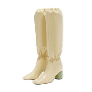 Sheepskin Style 2022 Leather Nieuwe knie laarzen Knight Booties Casual feestkledingschoenen 8 cm dikke hakken geplooide amandelvormige tenen elastische spanning maat 34-44 5 5