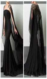 Vestidos de noche formales delgados de árabe de color negro Elie Saab Boaded Chiffon con Cape Prom Party Gown Pageant Celebrity Dress Carrera C8231733