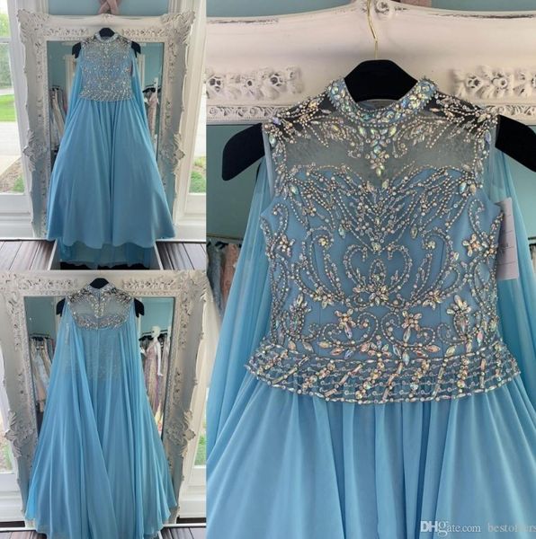 2023 Vestidos de desfile de gasa azul transparente para adolescentes con diamantes de imitación envueltos Vestidos largos para niñas pequeñas Cremallera en la espalda Fiesta formal rosie BC4207 GB1025XZ2