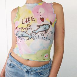 Sheer crop top dames t-shirt meisjes 90s mouwloze mesh tank top zeester dolphin grafische afdruk zomer cami vest tee