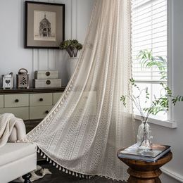 Rideaux transparents Beige Crochet Tembus Gaya Amerika Pedesaan Berongga Keluar Ruang Tamu Balkon Kamar Tidur Jendela Seni Dekorasi Rumah Tirai 230907