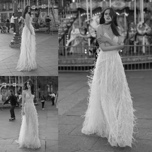 Pure ontwerp martinez jurk veer liz spaghetti pailletten trouwjurken sexy backless vloer lengte bruidsjurken es es