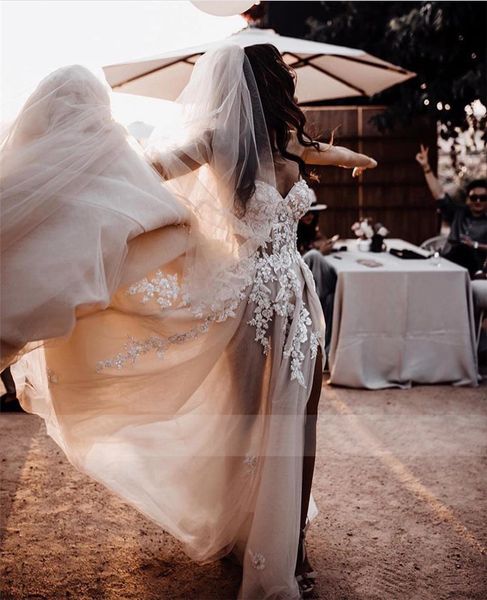 Robes de mariée en dentelle transparente, fleurs 3D, sans bretelles, en Tulle, gris foncé, style Boho, avec cristaux, 292L