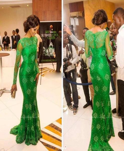 Robe de soirée à manches longues en dentelle avec robes de bal de bal de la sirène Bateau Emerald Green Vestidos de Fiesta 9325622