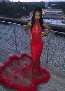 Sheer Lace Red Prom avondjurken 2K19 Zie Applique Feather African Mermaid Formele feestjurken Afstudeerjurken VestID277883333