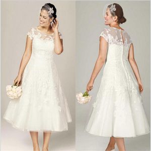 Robes de mariée en dentelle pure avec décolleté illusion à manches courtes longueur de thé robes de mariée appliques 2015 robes de mariée grande taille241y