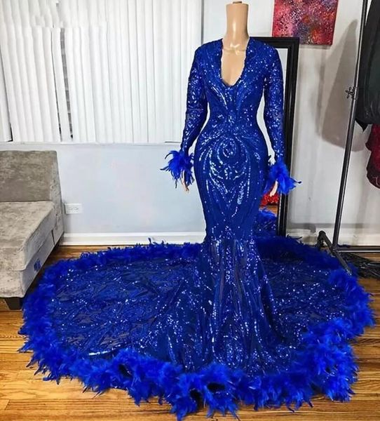 Vestidos de noche de sirena de manga larga transparente Aso Ebi African Black Girls Royal Blue Lentejuelas Largo Prom Compromiso Segundo vestido 2022 con plumas