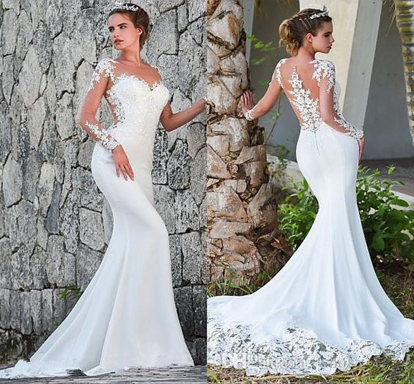 Vestidos de novia de sirena de manga larga transparentes, apliques de encaje de tul, vestidos de novia de tren de barrido con botones, vestidos de novia