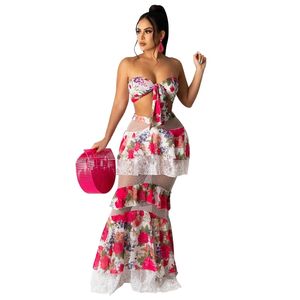 Sheer Mesh Patchwork Red Flower Sweet Girl Two Piece Outfits Dames Rokken Sets Crop Top Lange Maxi Jurken Holiday Party Sundress 210525