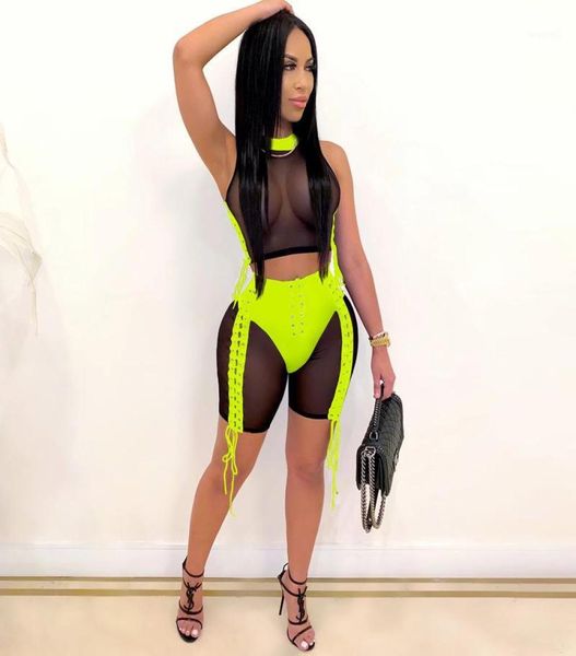 Sheer Mesh Sexy Two Piece Set Women Clothing Sets Summer Crop Top Biker Shorts Festival BodyCon 2 pièces Club Turnits For Women18019749