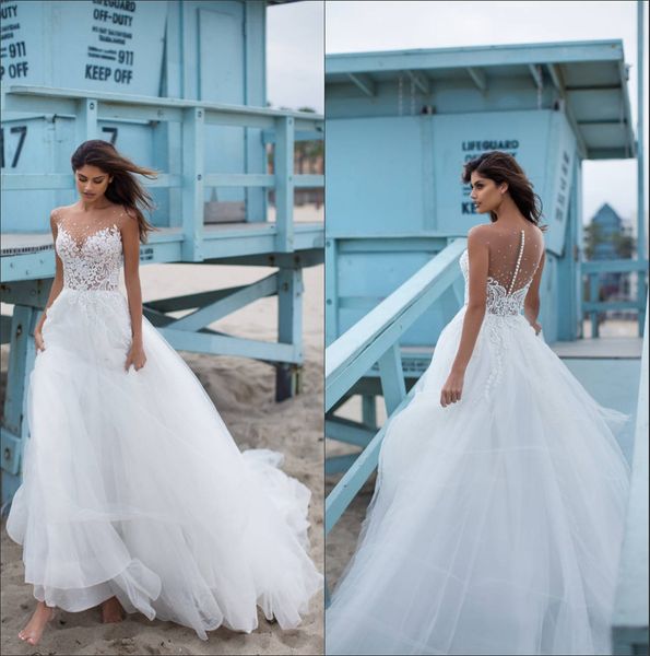 Sheer Mesh Top Tull Beach robe de mariée 2020 dentelle Applique perlée robe de mariée blanc ivoire vestido de noiva été Illusion robes de mariée