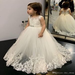 Pure nek kanten bloemenmeisje jurken parels kristallen klein meisje trouwjurken vintage optochtjurken jurken 2964