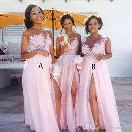 Sheer Neck Long Split gasa vestidos de dama de honor Pink Party Dresses 2019 New Floor Length Prom Gowns305U