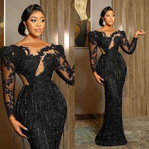 Sheer O Neck Mermaid Avondjurk Lange Mouwen Beading Prom Gowns Plus Size Kant Tassel Formele Party Jurken