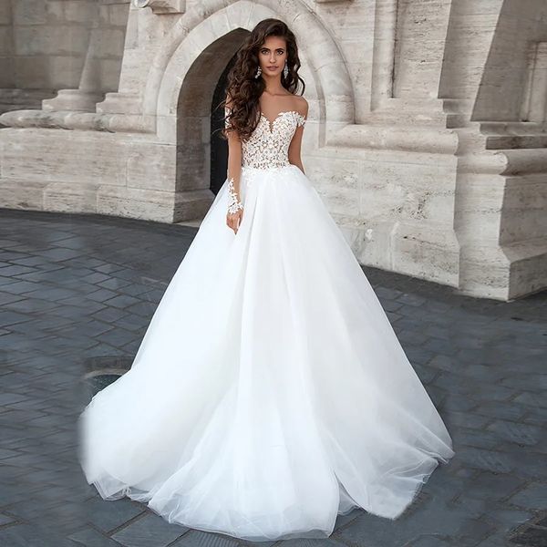 Pure épaule dénudée Champagne et blanc deux pierres robe de mariée robe de bal manches longues robe de mariée vestido de noiva sexy