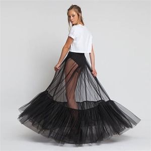 Pure een laag zwarte maxi rok zie door vrouwen zwarte lange tule rok met uniek ruches rand nieuw ontwerp geen voering 210310