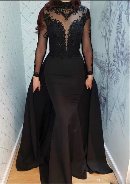 Robes de bal noires à col plongeant transparent avec Illusion manches longues robes de soirée à col haut avec jupe superposée détachable femme de chambre