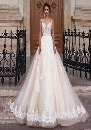 Scoop décolleté champagne couleurs robes de bal robe de mariée applique dentelle illusion arrière robe nuptiale vestido para casamento5252606