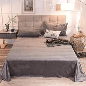 Ensembles de draps 1pc drap de lit en velours couleur unie plat lin étalé sur la couverture gris rose King Queen Size No Case263n