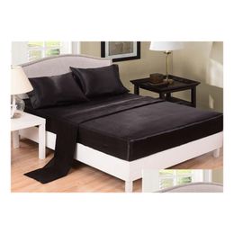 Set di lenzuola Letto in seta imitata Lenzuolo in raso tinta unita Er Copriletto Twin Fl Queen Size Grigio Nero Bianco Consegna goccia Giardino domestico Texti Dhjqt