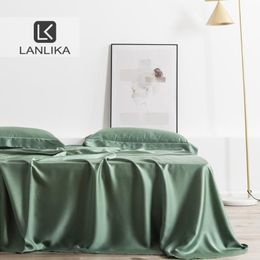 Ensembles de draps Lanlika vert adulte 100% soie 25 Momme tissu naturel linge de lit de luxe sain Double drap plat étui Euro Home Deco275h