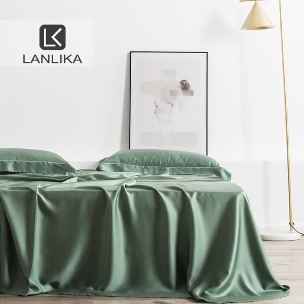 Ensembles de draps Lanlika vert adulte 100% soie 25 Momme tissu naturel linge de lit de luxe sain Double drap plat étui Euro Home Deco2560