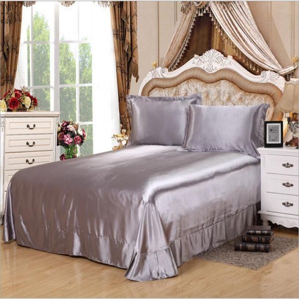 Ensembles de draps de couleur unie, textile de maison, gris argenté, couvre-lit en satin soyeux, imitation soie, draps de lit pour lits jumeaux, Queen, King305h