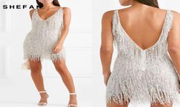 Shefan Women Dance Disfraz de baile Deep V Neck Silver Elegant Tassel Mini Dress Sexy Backless Backcon Clubcon Clubwear Glitter Party Vestidos Casu7678708