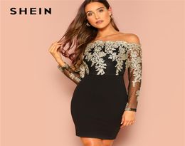 Shein Black sexy van de schouder geborduurde mesh bodice bardot bodycon jurk vrouwen lange mouw zomer gaan uit feestjurken9006542