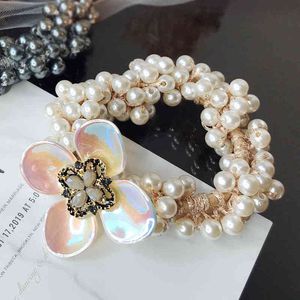 Shell Flower Pearl Beaded Hair Bands Armband Rubber Banden Dames Elegante High-End Pearl Chain Hair Ties Ropes Armband Hoofddeksels AA220323