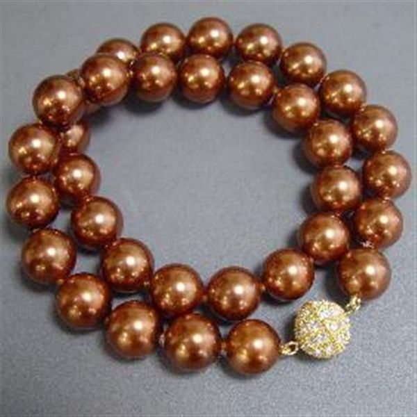 Bijoux en coquillage 12mm couleur marron collier de perles de coquillage de la mer du sud fermoir aimanté en strass nouveau 267h