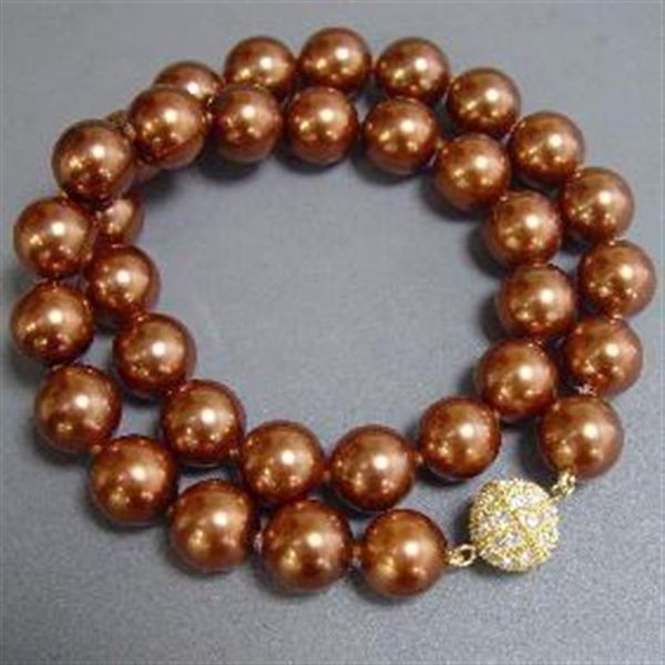 Coquillage Bijoux 12mm Couleur Marron Mer Du Sud Collier De Perles Strass Aimant Fermoir Nouveau 296Z