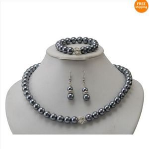 Ensemble de bijoux en coquillage, couleur grise 10-12mm, collier de perles de mer du sud, Bracelet et boucles d'oreilles, nouveau, livraison gratuite