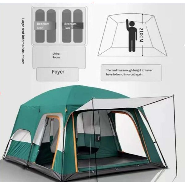 Abris 320x220x195cm Tente à deux chambres surdimensionnée pour 5-8 personnes Tentes de camping Isure Double-plis épais imperméable à la pluie en plein air famille