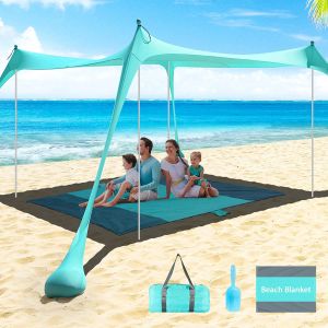 Abri de grande tente de plage Sunshade upf50 + 10x10 pi de plage de plage de la plage avec tapis et 4 poteaux pour le camping Picin à l'arrière-cour