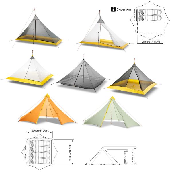 SHÉTRES ULTRALIGHT 24 PERSONNE 3/4 Saison de camping Tent / tente intérieure 20D Nylon des deux côtés Silicone revêtement Pyramide Pyramide