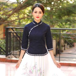 Etnische kleding Sheng Coco S-4XL Plus Size Traditionele Chinese Cheongsam Shirts Navy Blue Dames Blouse Katoen Qipao Tops