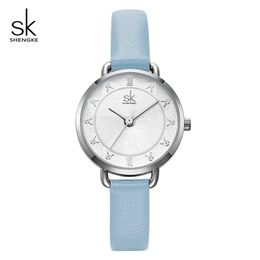 Shengke creative glitter wijzerplaat vrouwen lederen polshorloge beweging quartz horloges slank gesp riem reloj mujer Montre femme # k9001