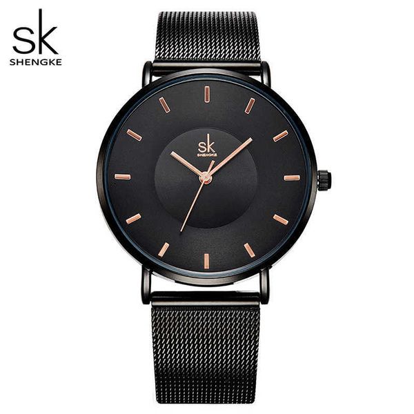 Shengke moda negro mujer relojes alta calidad ultrafino cuarzo mujer elegante vestido señoras Montre Femme SK 210616