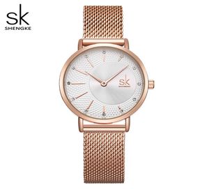 Shengke Watch Women Casual Fashion Quartz Wrist Wrists Crystal Design Ladies Gift Relogie Feminino Mesh Band Zegarek Damski 20194111283