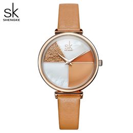 Shengke Watch Femmes Shell Dial Dames en cuir Watch Japanese Quartz Mouvement Ultra Slim Buckle Strap Reloj Mujer Montre Femme331S