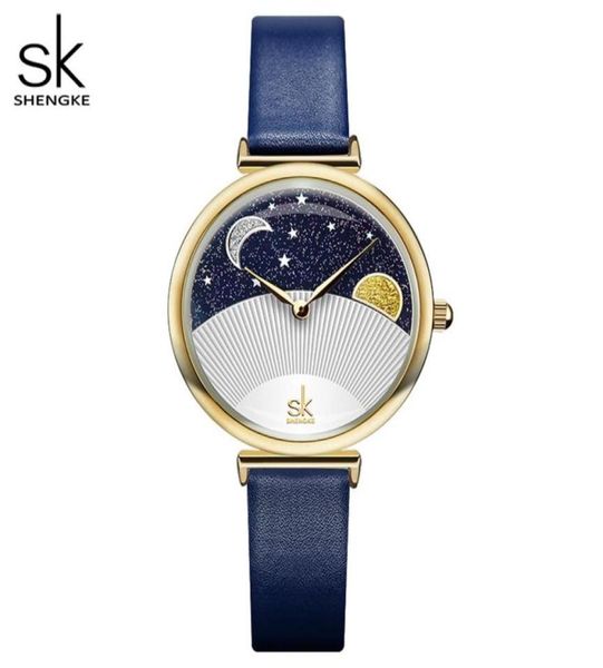 Shengke, reloj de cuarzo azul a la moda para mujer, correa de reloj de cuero para mujer, reloj de pulsera informal resistente al agua de alta calidad, regalo para esposa con caja 2166461611