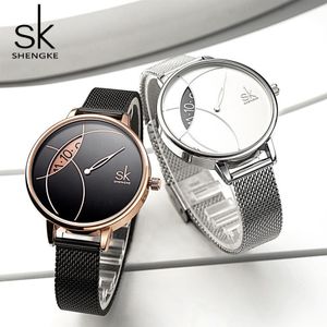 Shengke Damesmode Horloge Creatieve Dame Casual Horloges Roestvrijstalen Gaasband Stijlvol Ontwerp Zilver Quartz Horloge voor Vrouwelijke C288D